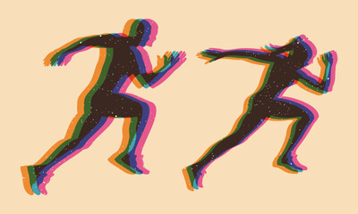 Obraz na płótnie Canvas Sprinting man and woman with riso print effect. Graphic element for flyer, wallpaper, poster. Graphic element. Vintage decoration of 70s 80s, 90s. Aesthetics of the risograph. Vaporwave style