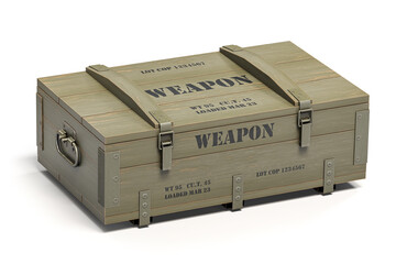 Military wooden crate with weapon and army ammunition isolated on white.