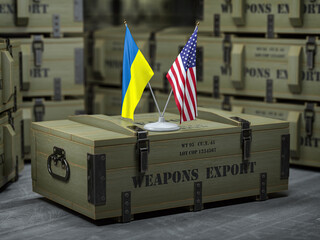 Military supply ad delivery USA american weapon for Ukraine. Weapon box with flags of USA and Ukraine.