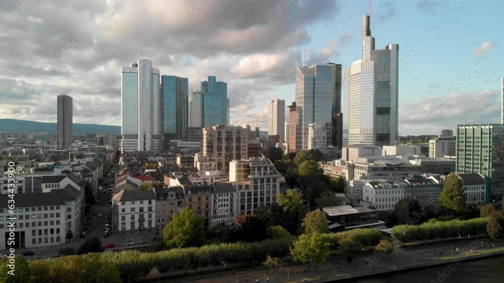 Poster Aerial view of Frankfurt on Main River, sunset view from drone