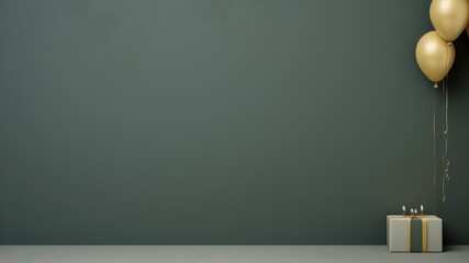 Gold balloons and gift box on a minimalist dark green background, layout for best wishes and party celebration background with copy space for text