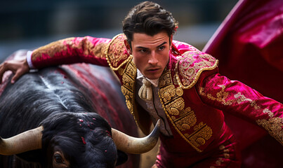 Corrida or Bullfight in Spain. Spanish bullfighter in the bullfighting arena. Spanish bullfighting bull and matador. digital ai - obrazy, fototapety, plakaty
