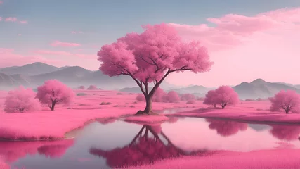 Fotobehang Pink Landscape , digital illustration of oink coloured landscape , wall paper abstract , Generative ai  © Ruvini