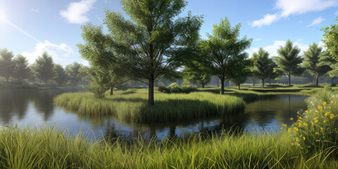 Photorealistic beautiful natural landscape environment in the summer