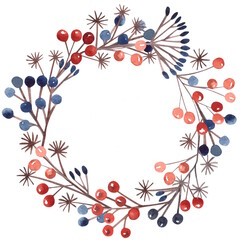 Decorative round frame with flowers, branches, seems and berries. Hand drawn watercolor Christmas wreath with red berries, bows, and Christmas greenery, not AI.