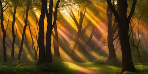 Morning sun in the forest. AI generated illustration