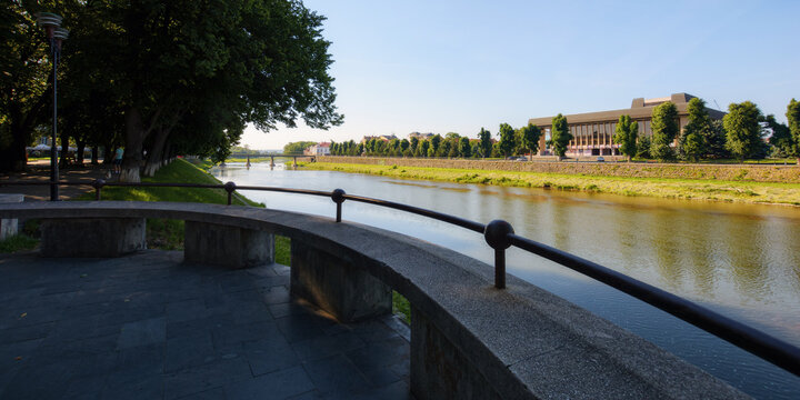 river waterfront in morning light. downtown of uzhhorod, ukraine. popular travel destination