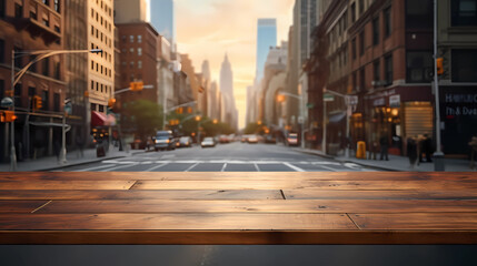Empty wooden table with blurry city background