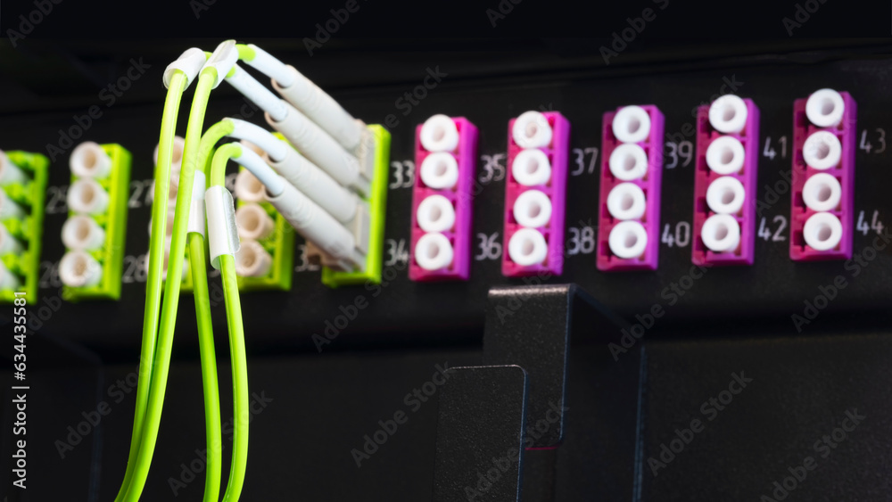 Poster multi colored network cables connected to switch, network technology concept