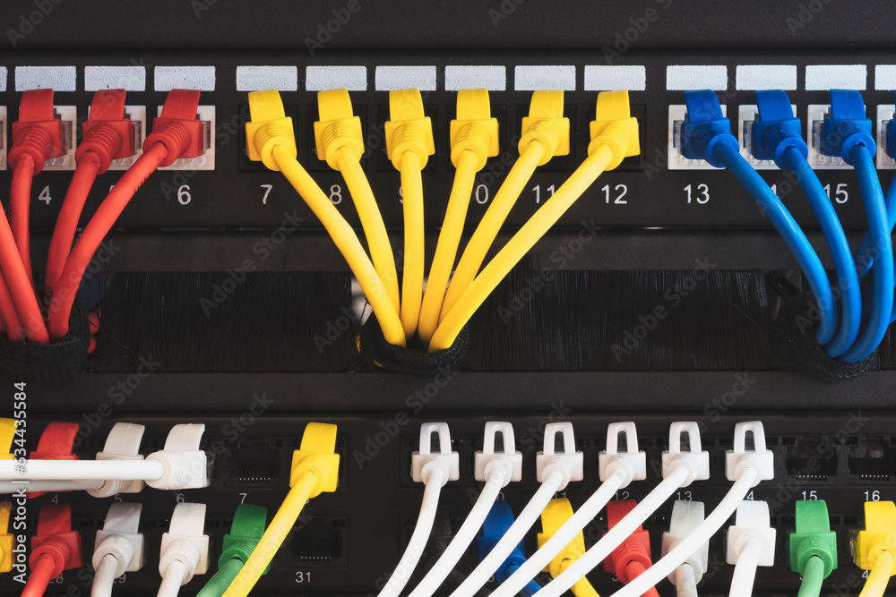 Poster multi colored network cables connected to switch, network technology concept