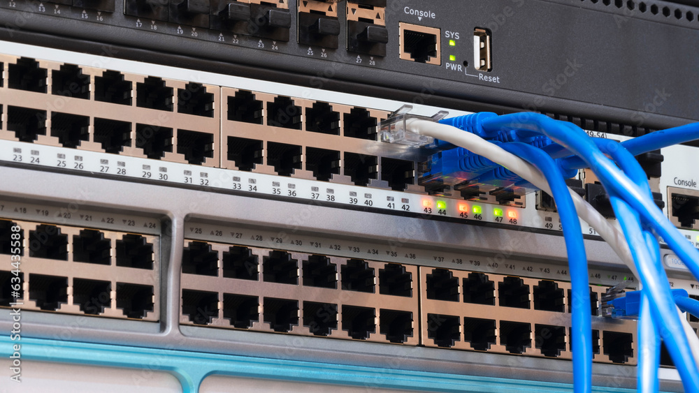 Poster multi colored network cables connected to switch, network technology concept