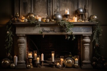 Fototapeta na wymiar tinsel draped gracefully across a fireplace mantel fireplace with christmas decorations
