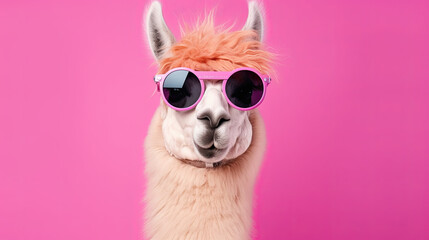 Fototapeta premium Cute and funny lama wearing pink sunglasses on pastel background