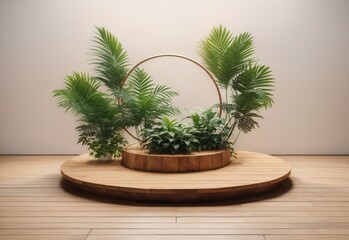 A circle wooden platform with a plant in the background
