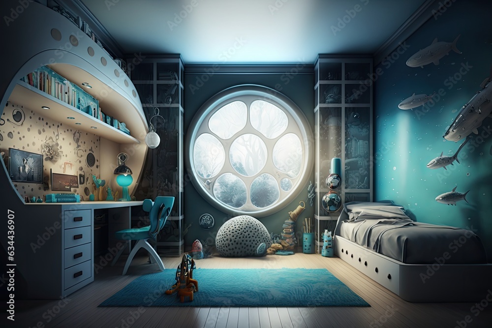 Wall mural Interior of children's room with a round window