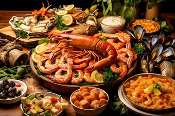 Seafood platter with lobster, shrimp, mussels, shrimps, mussels, squidpus, crab, shrimp, squid, shrimp, fish, musselpus, mussels, squid. Seafood and healthy eating concept.