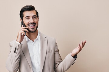 man smartphone suit call portrait happy smile hold business businessman phone