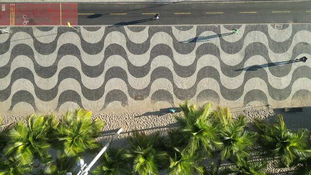 Top View of Copacabana Mosaic Sidewalk and Palm Trees at the Beach in Rio de Janeiro, Brazil