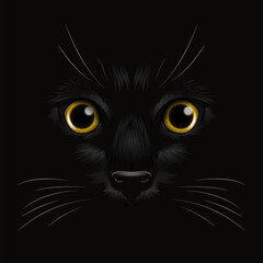Vector 3d Realistic Yellow Cats Eye of a Black Cat in the Dark, at Night. Cat Face with Yes, Nose, Whiskers on Black. Cat Closeup Look in the Darkness. Front View