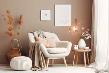 A comfortable and cozy interior in beige colors with a plush armchair. Generative AI.