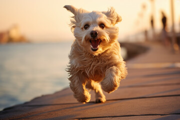 Happy little adorable dog running by sea during sunrise.