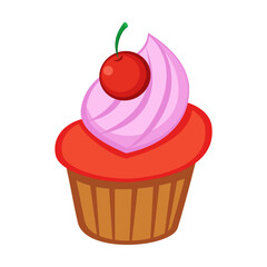 Cherry cupcake with cherry and cream vector illustration. Cartoon drawing or sticker of tea time element isolated on white background. Desserts, pastry concept