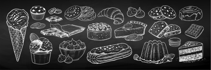 Chalk sketh vector illustration set of desserts and bakery on chalkboard background © Sonya illustration