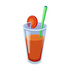 Carrot juice illustration. Cartoon drawing of glass of carrot juice on white background. Healthy food concept
