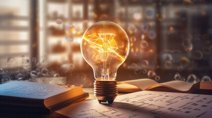In the foreground a light bulb, in the blurred background a wall with scientific formulas, copy space, concept of science, high quality, 16:9 - obrazy, fototapety, plakaty