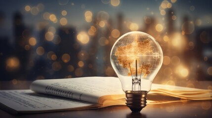 In the foreground a light bulb, in the blurred background a wall with scientific formulas, copy space, concept of science, high quality, 16:9 - obrazy, fototapety, plakaty