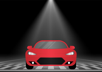 Racing Car at Start Point on Racing Track in Arena at Night. Racing track with Racing Car.  Race track road. Vector Illustration.	