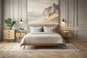 Ethnic style bedroom interior background. Bed with wooden bedside. Empty beige wall mockup. 3d render illustration.