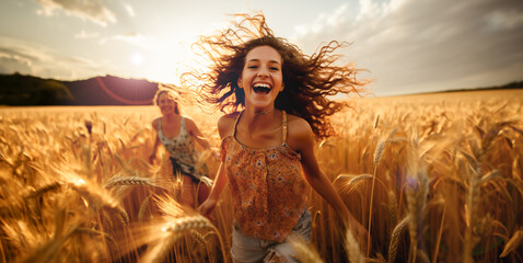 a mother and her daughters have fun running in a wheat field during a summer day