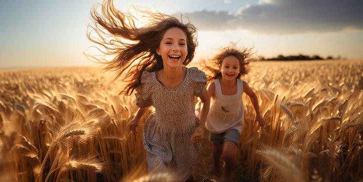 a mother and her daughters have fun running in a wheat field during a summer day