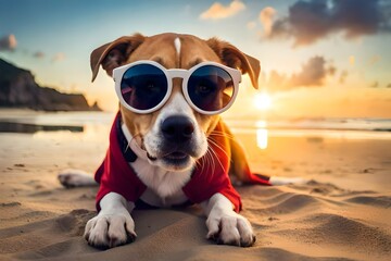 Fototapeta na wymiar a cute dog with sunglasses on the sand beach on a sunny day enjoying vacation. summer day at the sea ocean