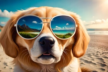  cute dog with sunglasses on the sand beach on a sunny day enjoying vacation.  summer day at the sea ocean