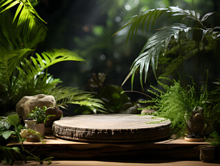 wooden podium product display in jungle or forest for nature product advertisement