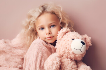 Cute little girl with a teddy bear on pink background. Generative AI.