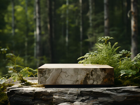 wooden podium product display in jungle or forest for nature product advertisementnatural stone podium product display in jungle or forest for nature product advertisement
