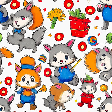 Seamless pattern with a bunch of fluffy cartoon animals sitting next to each other on a white background.