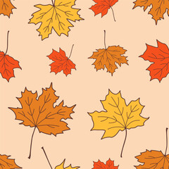 Vector autumn seamless pattern with leaves of maple, set of colored maple leaves, illustration for print, square banner, children drawing sketch design