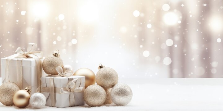 A pile of white and gold christmas ornaments. Digital image.