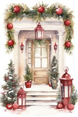 Fototapeta na wymiar A watercolor painting of a front door decorated for christmas. Digital image.