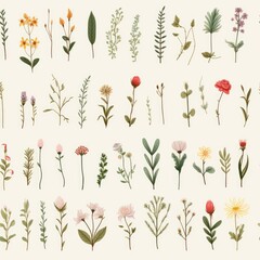 A bunch of different types of flowers on a white background. Digital image. Seamless floral pattern with different types of flowers, standalone illustrations on a white background.