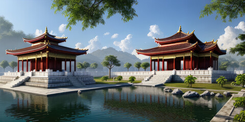 Naklejka premium Pagoda Temple Landscape With Beautiful Environment For Background