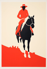 Woman on horseback jumping over a cliff, minimalist screen-print illustration made with Generative AI 