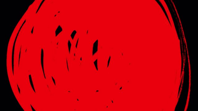 Drawing a red circle on a black screen. Transition animation with fill and dissolve. Stock art effect for frame change in 4K with alpha channel.