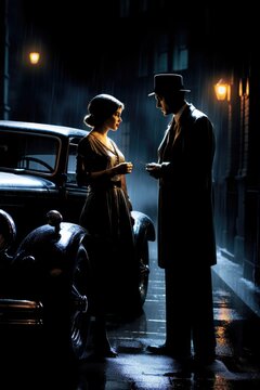 A man and a woman standing next to a car. Digital image. 20s style black white image.