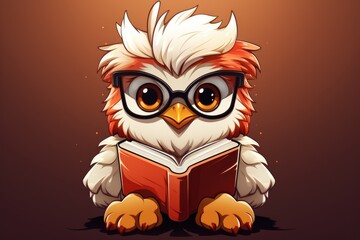 A cartoon owl wearing glasses reading a book. Digital image.