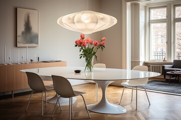A dining area with a tulip table, molded plastic chairs, and a statement pendant light. Generative AI